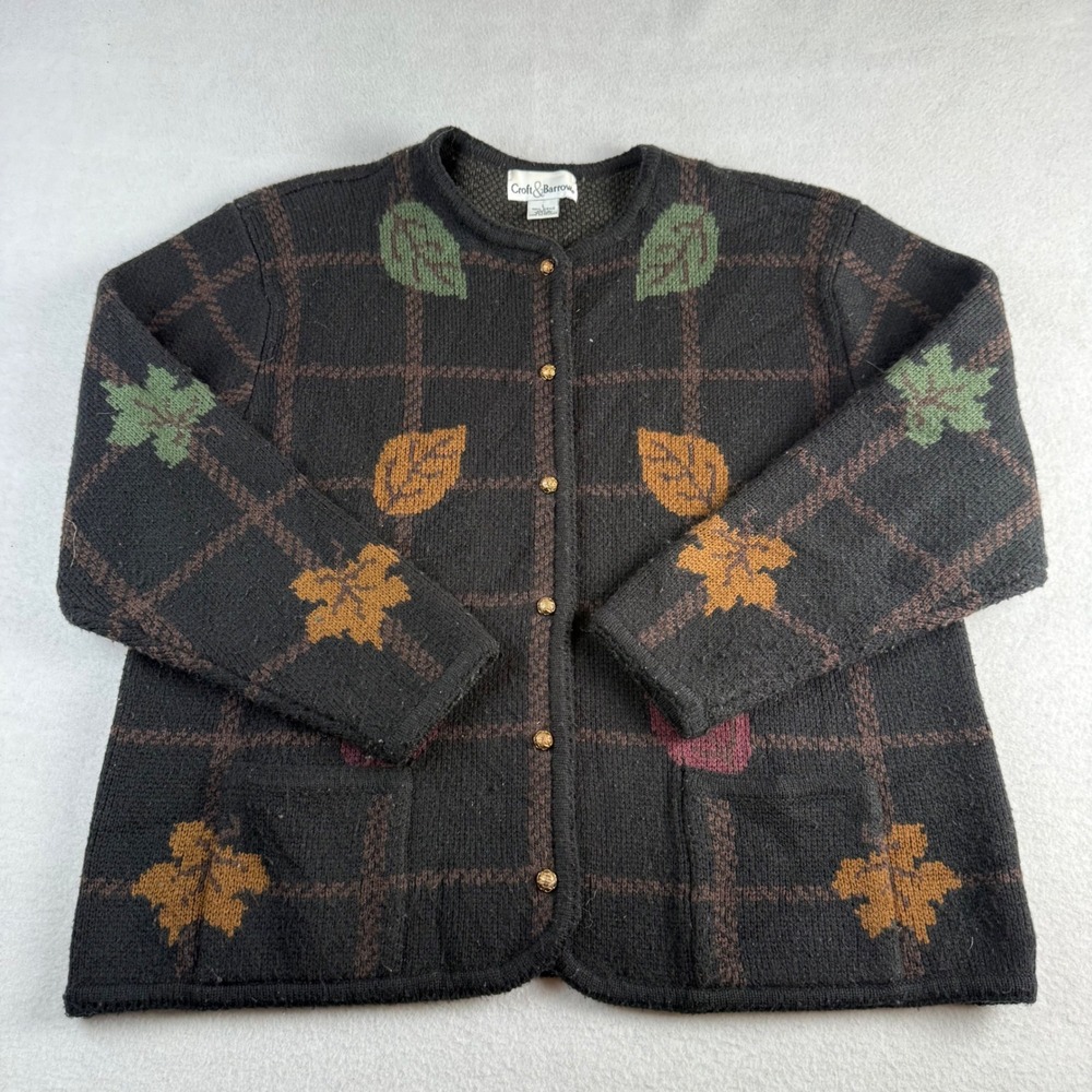 Croft & Barrow Womens Large Brown Leaf Button Front Cardigan Sweater Pockets